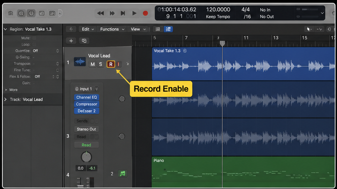 Logic Pro vocal recording with record enable, monitoring, takes, and comping - step 1