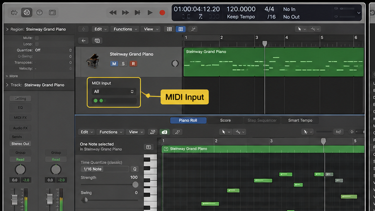 Logic Pro MIDI keyboard workflow with instrument track, Piano Roll, and velocity - step 1