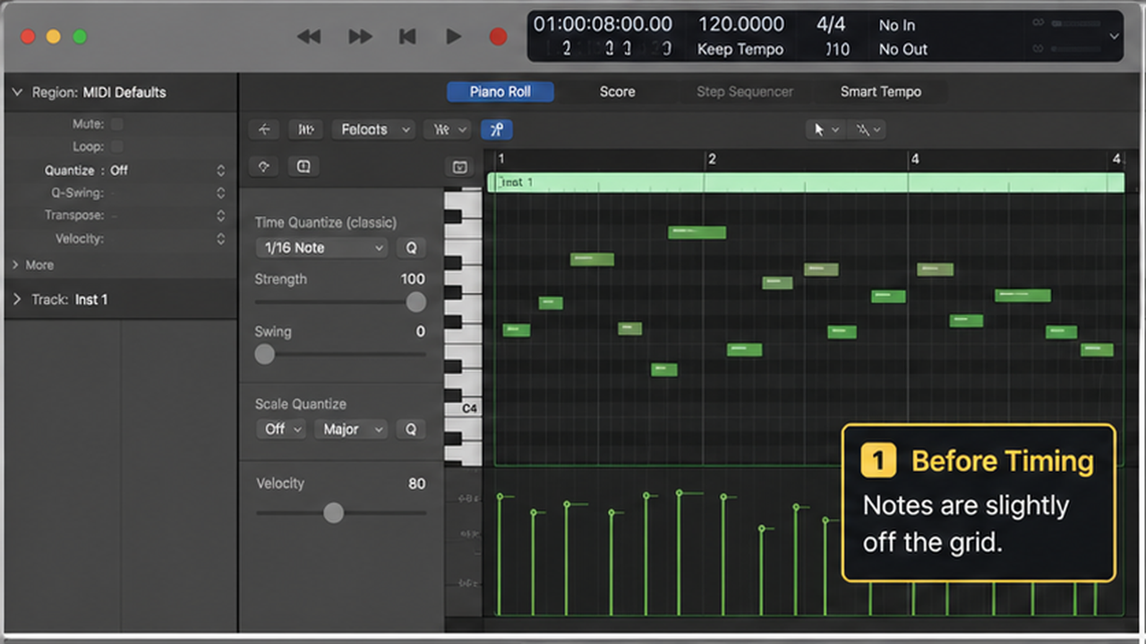 Logic Pro Piano Roll quantize workflow with grid, strength, and velocity - step 1
