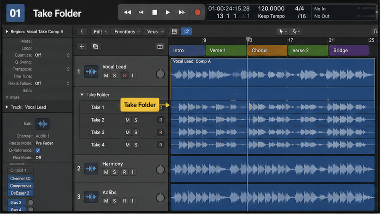 Logic Pro vocal comping with take folders, quick swipe, crossfades, and flattening - step 1