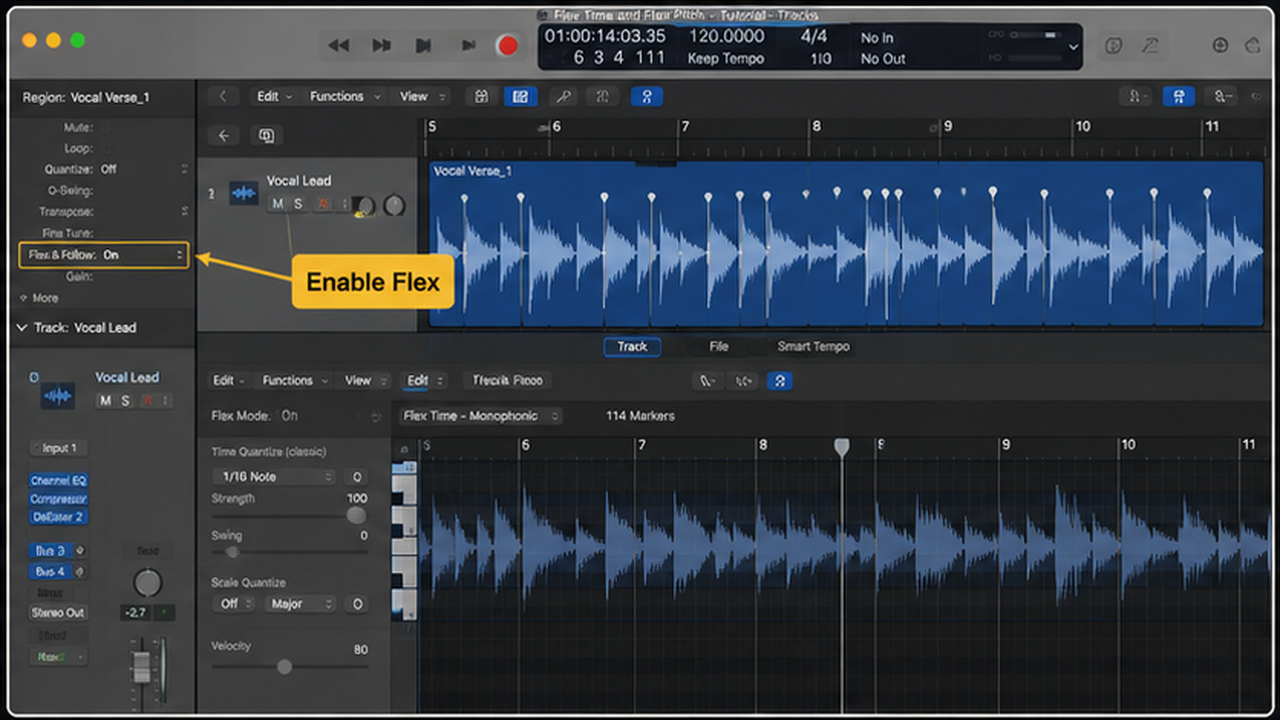 Logic Pro Flex Time and Flex Pitch workflow with timing and pitch edits - step 1