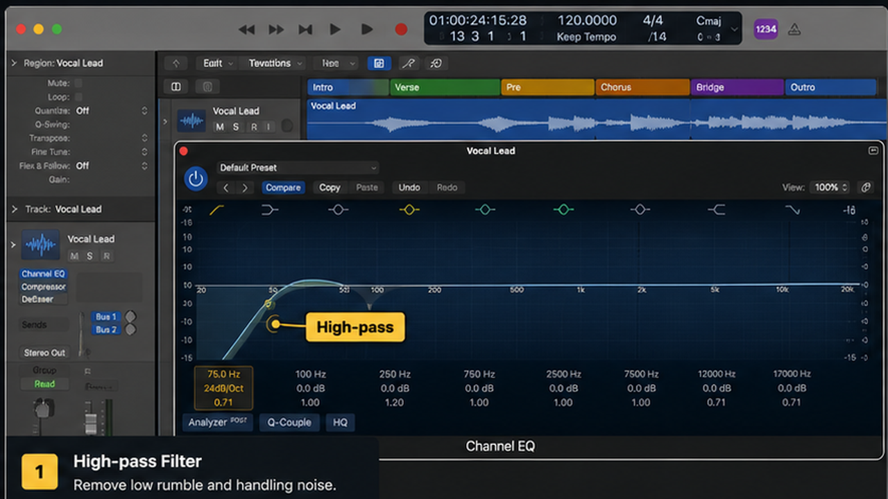 Logic Pro Channel EQ for vocals with high-pass, mud cut, harshness, and presence - step 1