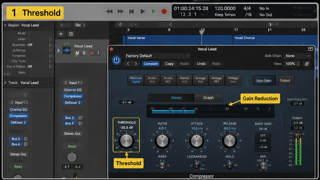 Logic Pro compressor settings with threshold, ratio, attack, release, and level match - step 1