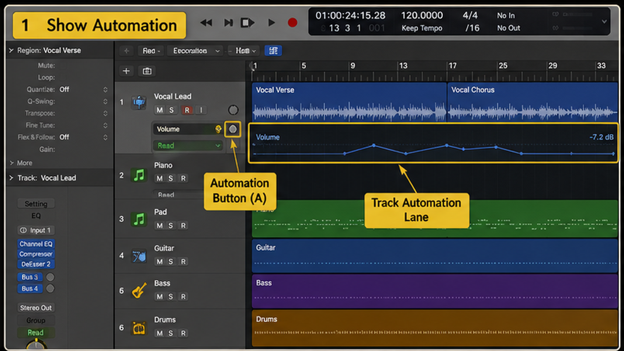 Logic Pro automation with volume rides, plugin moves, and clean automation points - step 1