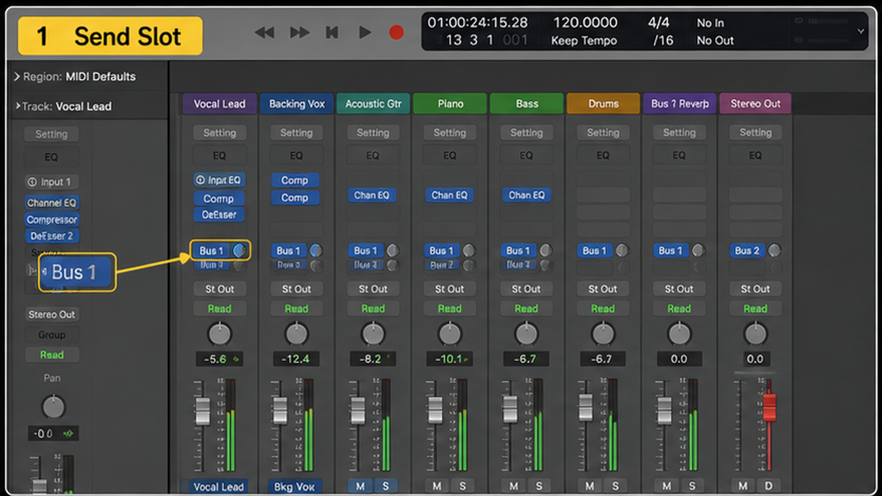 Logic Pro bus sends with reverb, delay, aux returns, and send levels - step 1