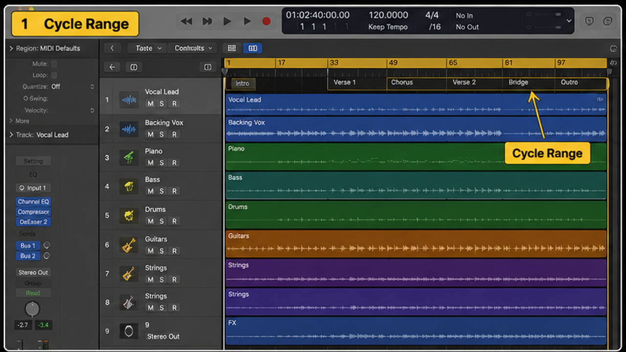 Logic Pro bounce and export workflow with cycle range, WAV, MP3, and stems - step 1