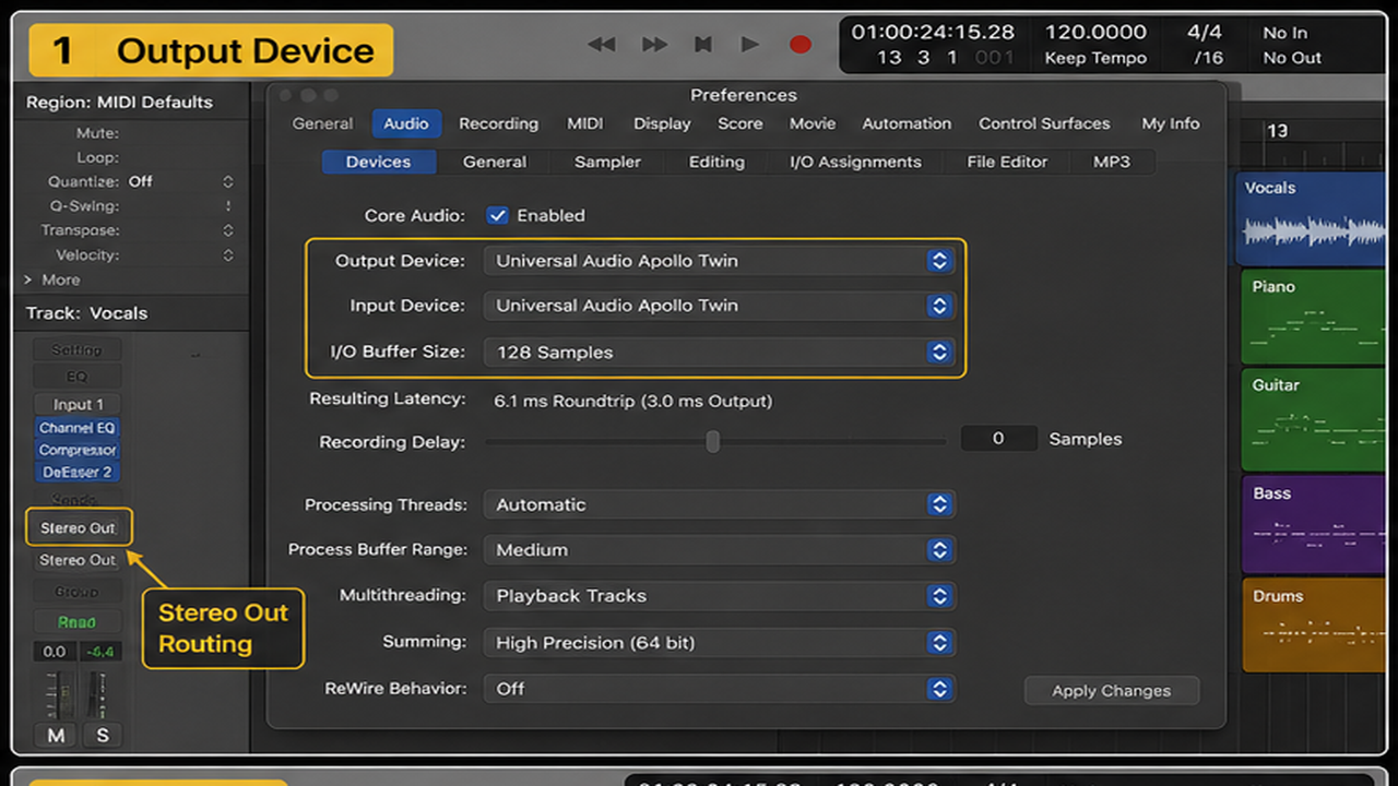 Logic Pro troubleshooting for no sound, latency, output routing, and overloads - step 1