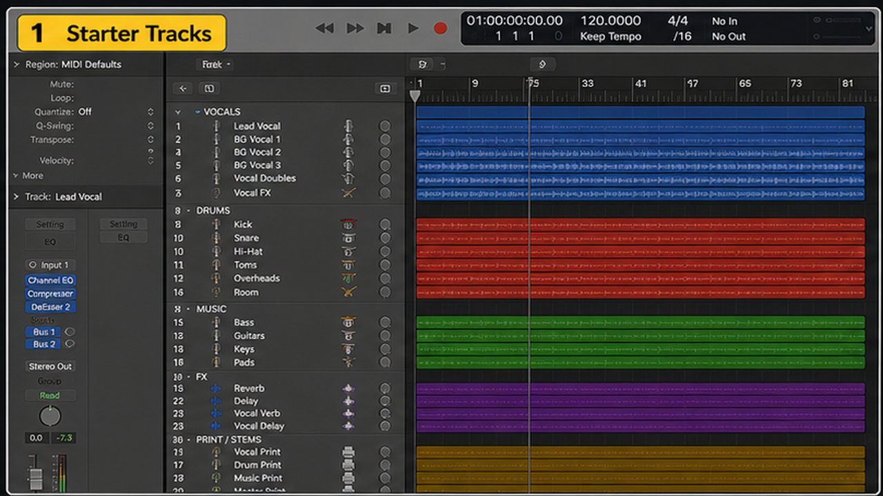 Logic Pro template workflow with starter tracks, routing, colors, markers, and save template - step 1