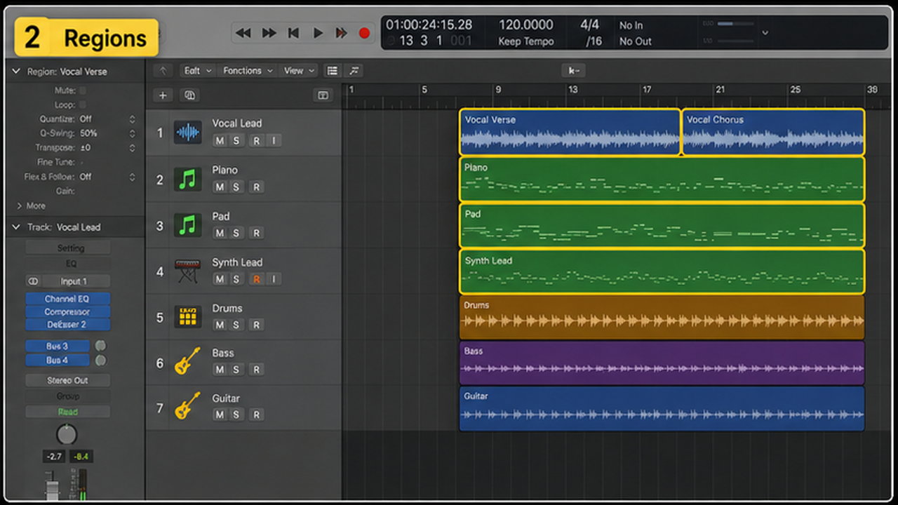 Logic Pro workspace with tracks, regions, inspector, mixer, and automation - step 2