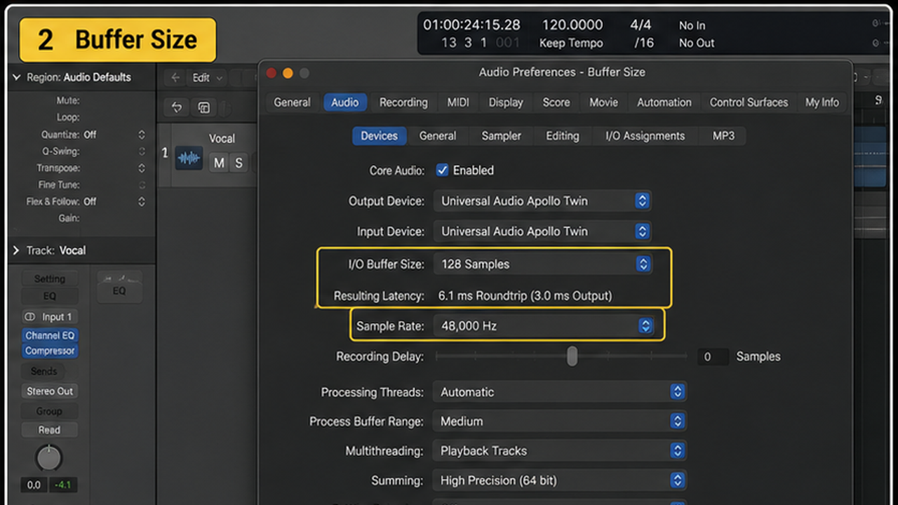 Logic Pro audio interface setup with input, output, buffer, and signal checks - step 2