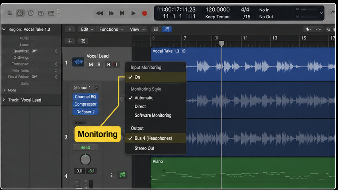 Logic Pro vocal recording with record enable, monitoring, takes, and comping - step 2