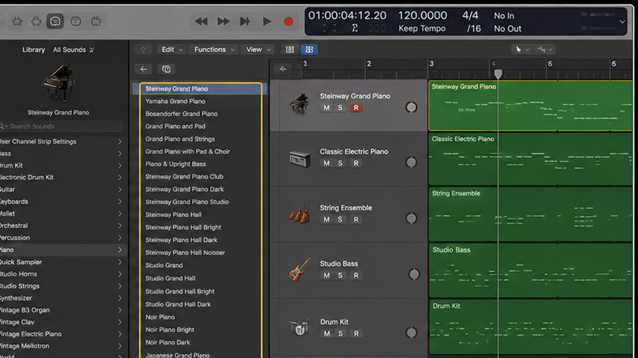 Logic Pro MIDI keyboard workflow with instrument track, Piano Roll, and velocity - step 2