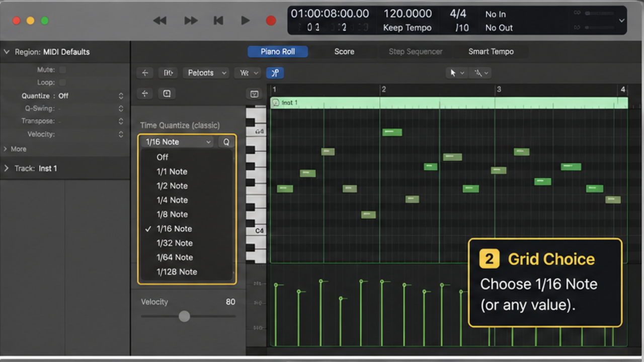 Logic Pro Piano Roll quantize workflow with grid, strength, and velocity - step 2