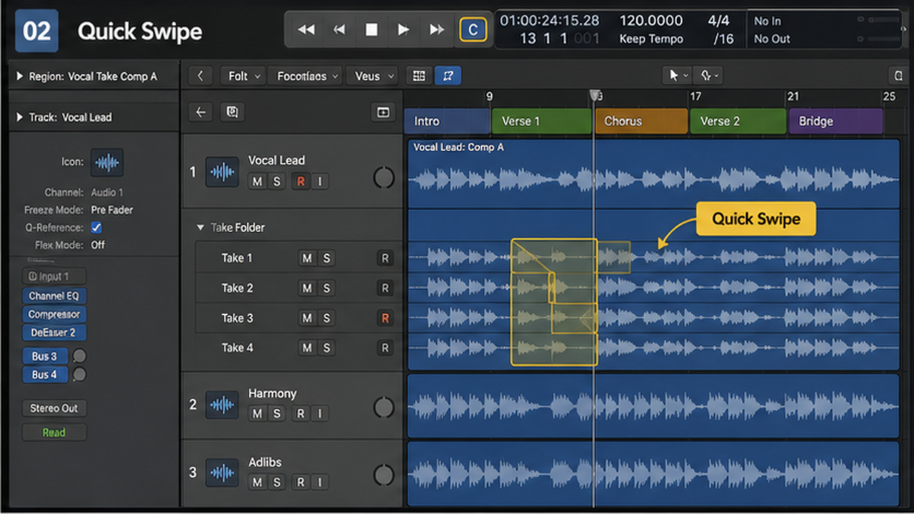 Logic Pro vocal comping with take folders, quick swipe, crossfades, and flattening - step 2