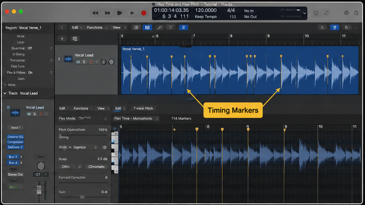 Logic Pro Flex Time and Flex Pitch workflow with timing and pitch edits - step 2