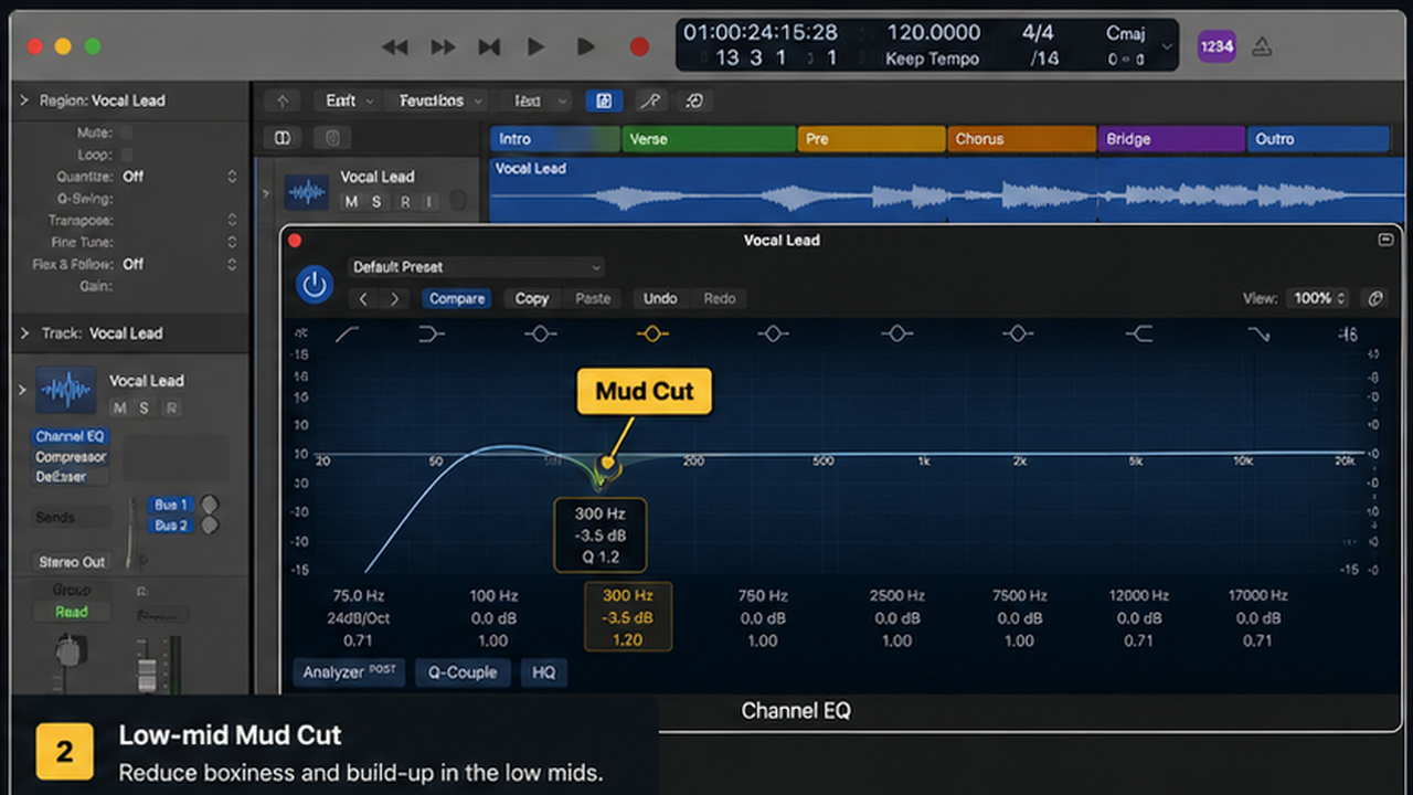Logic Pro Channel EQ for vocals with high-pass, mud cut, harshness, and presence - step 2