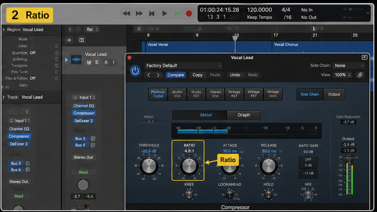 Logic Pro compressor settings with threshold, ratio, attack, release, and level match - step 2