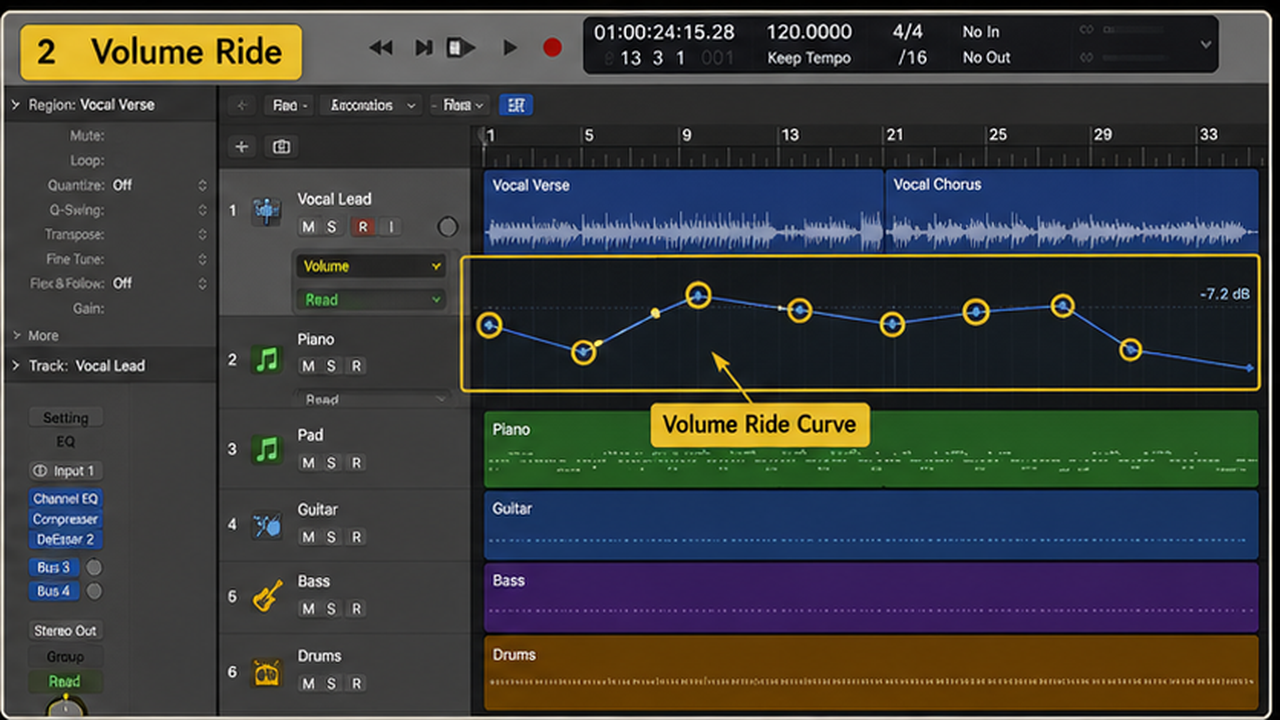 Logic Pro automation with volume rides, plugin moves, and clean automation points - step 2