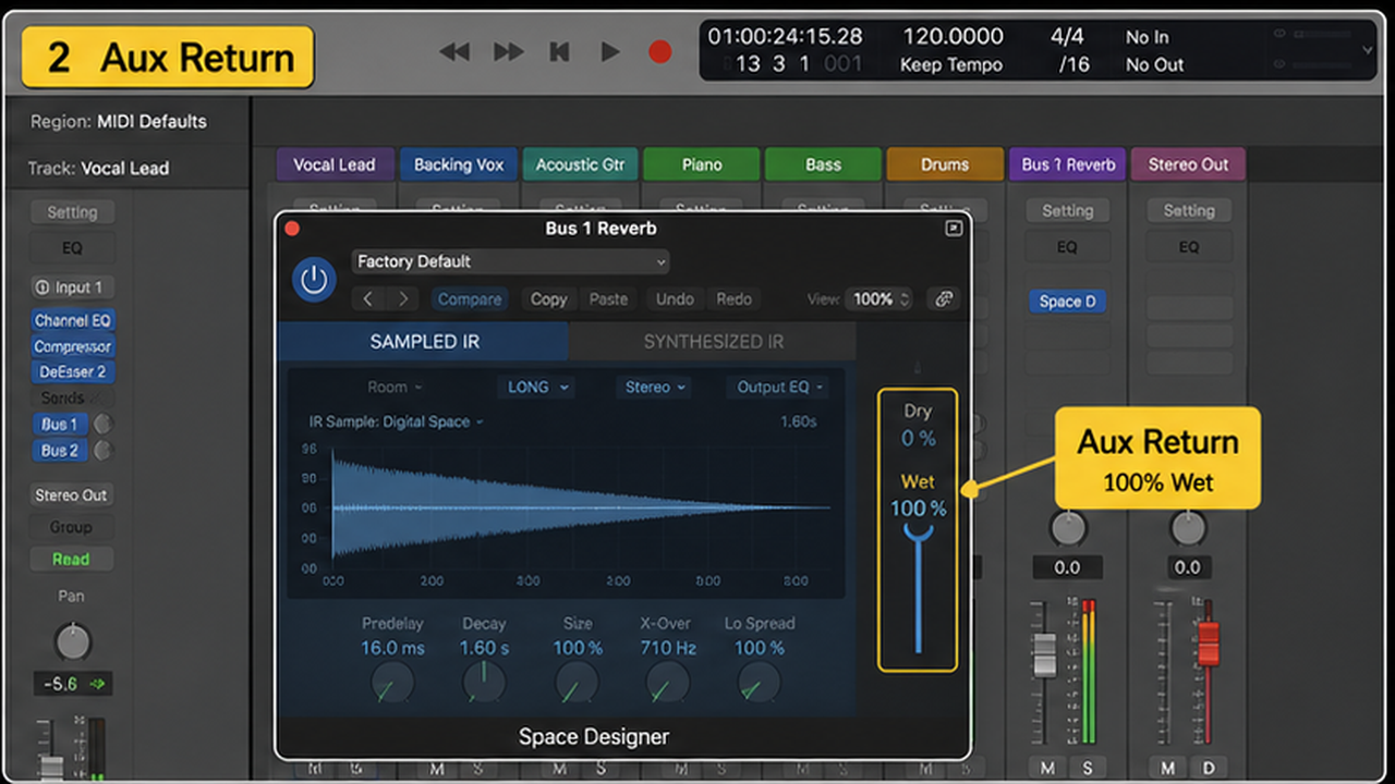 Logic Pro bus sends with reverb, delay, aux returns, and send levels - step 2
