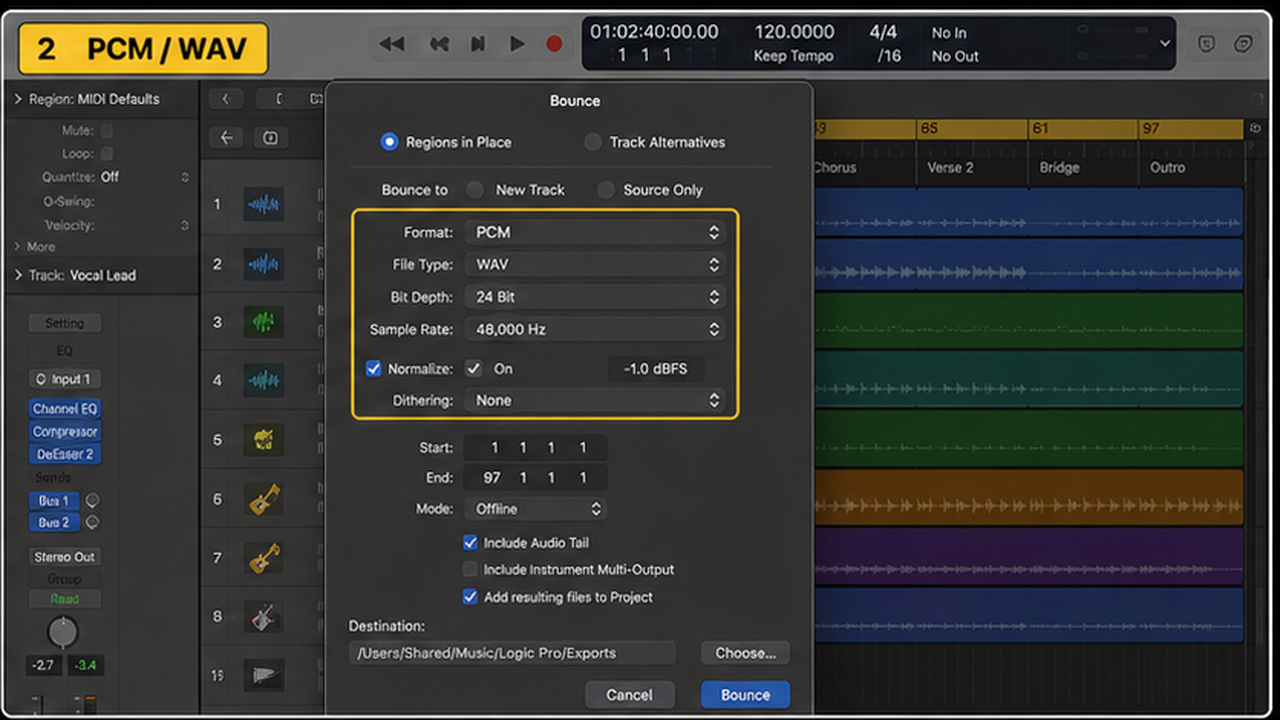 Logic Pro bounce and export workflow with cycle range, WAV, MP3, and stems - step 2