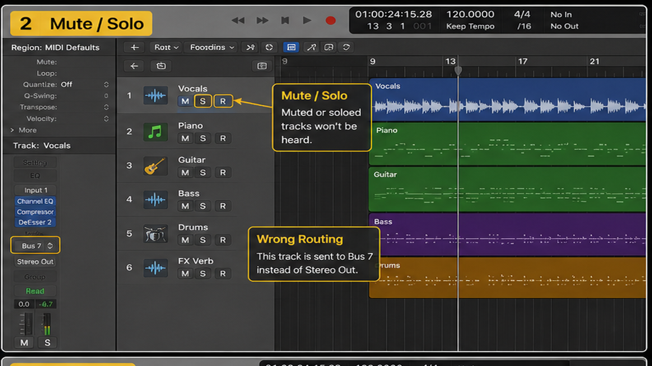 Logic Pro troubleshooting for no sound, latency, output routing, and overloads - step 2