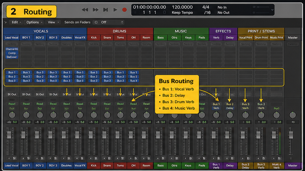 Logic Pro template workflow with starter tracks, routing, colors, markers, and save template - step 2