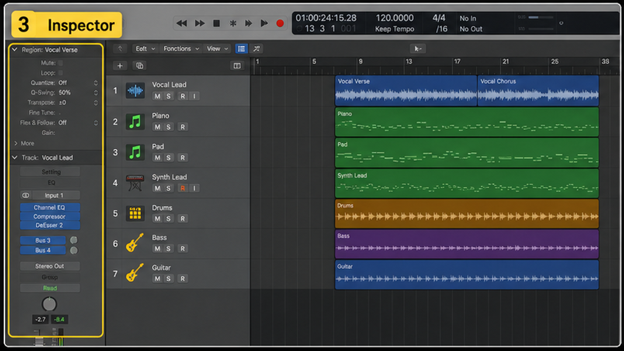 Logic Pro workspace with tracks, regions, inspector, mixer, and automation - step 3