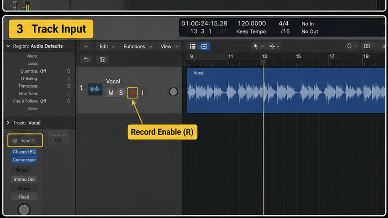 Logic Pro audio interface setup with input, output, buffer, and signal checks - step 3