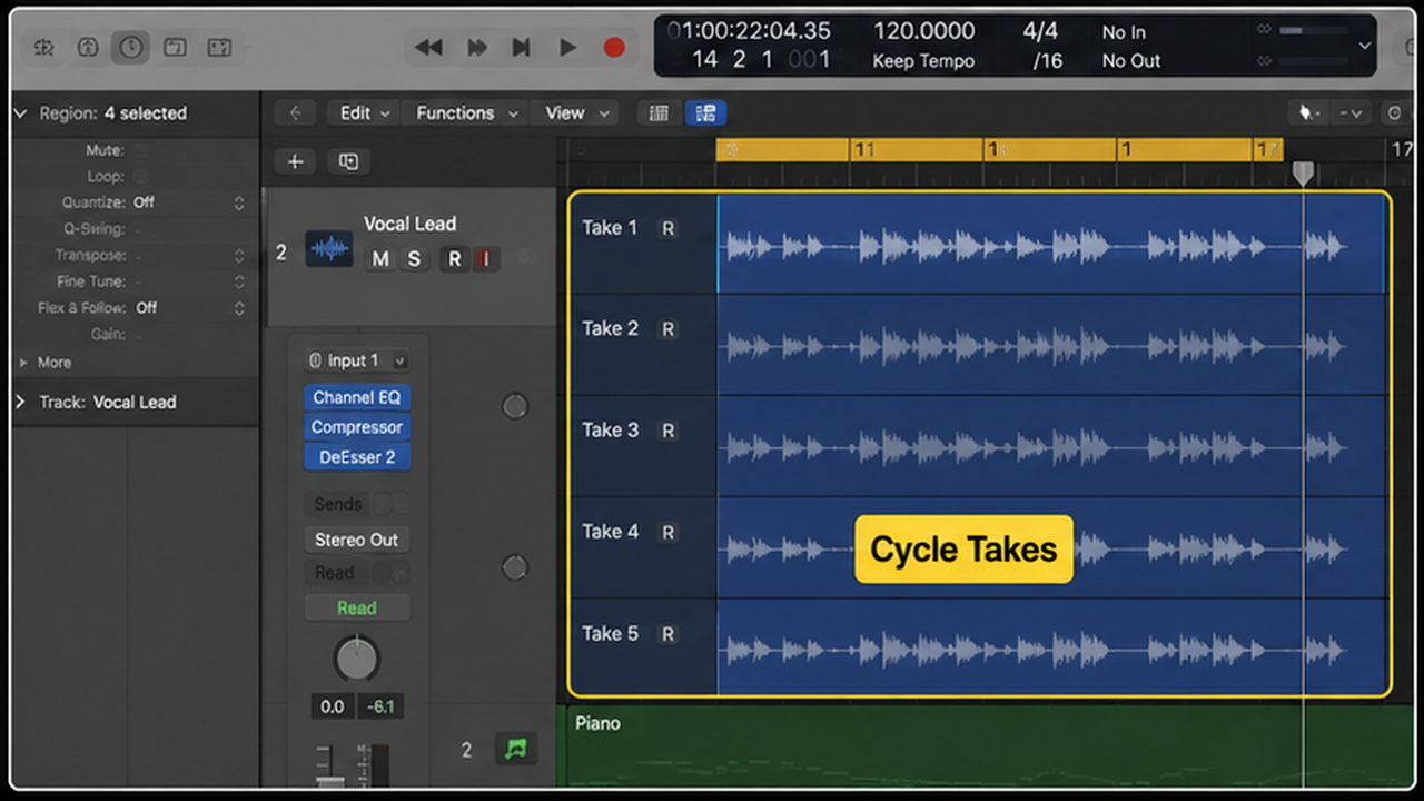 Logic Pro vocal recording with record enable, monitoring, takes, and comping - step 3