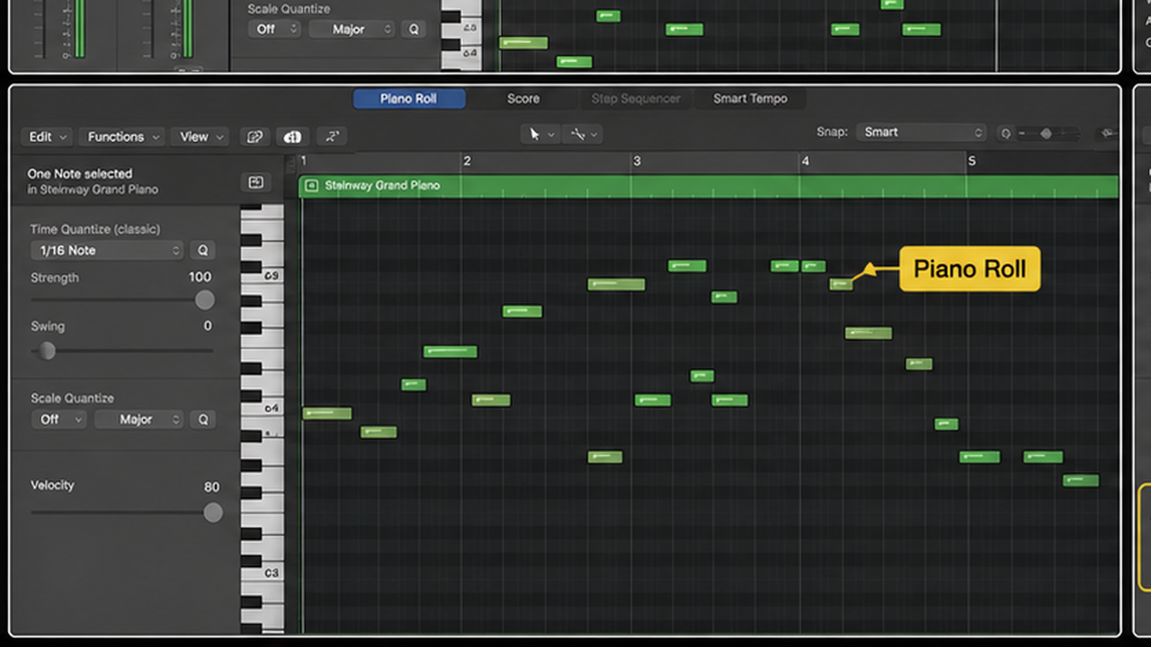 Logic Pro MIDI keyboard workflow with instrument track, Piano Roll, and velocity - step 3