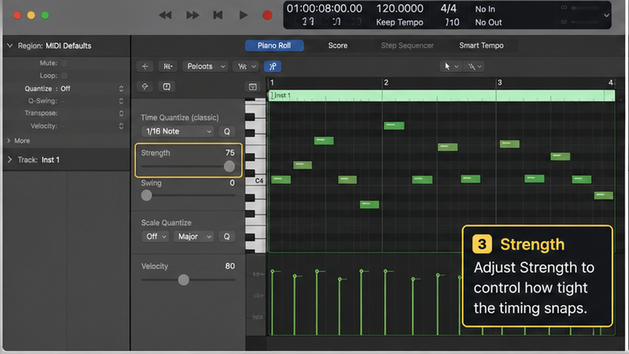 Logic Pro Piano Roll quantize workflow with grid, strength, and velocity - step 3