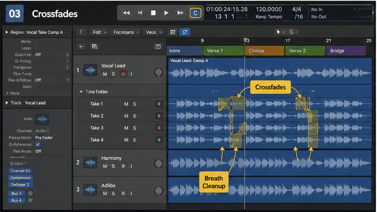 Logic Pro vocal comping with take folders, quick swipe, crossfades, and flattening - step 3