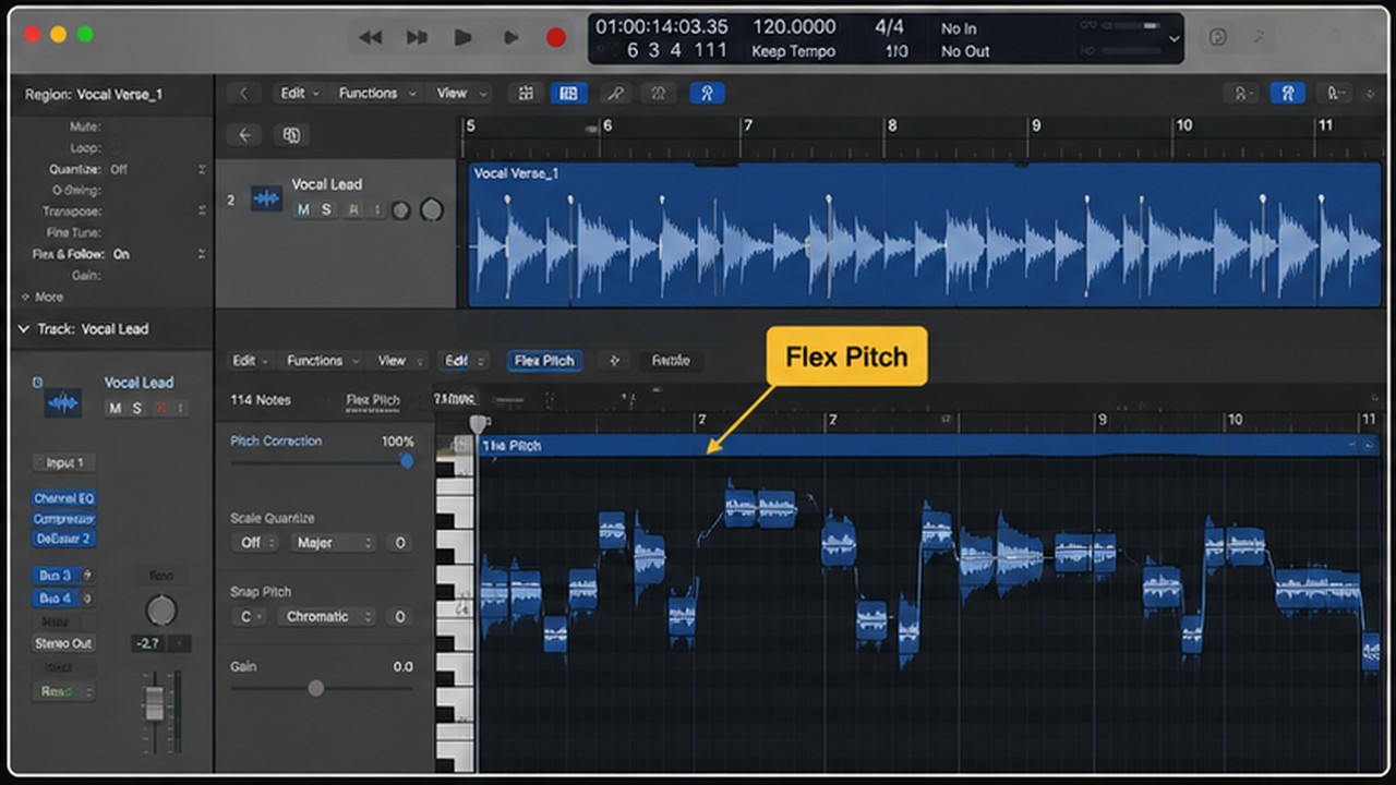 Logic Pro Flex Time and Flex Pitch workflow with timing and pitch edits - step 3