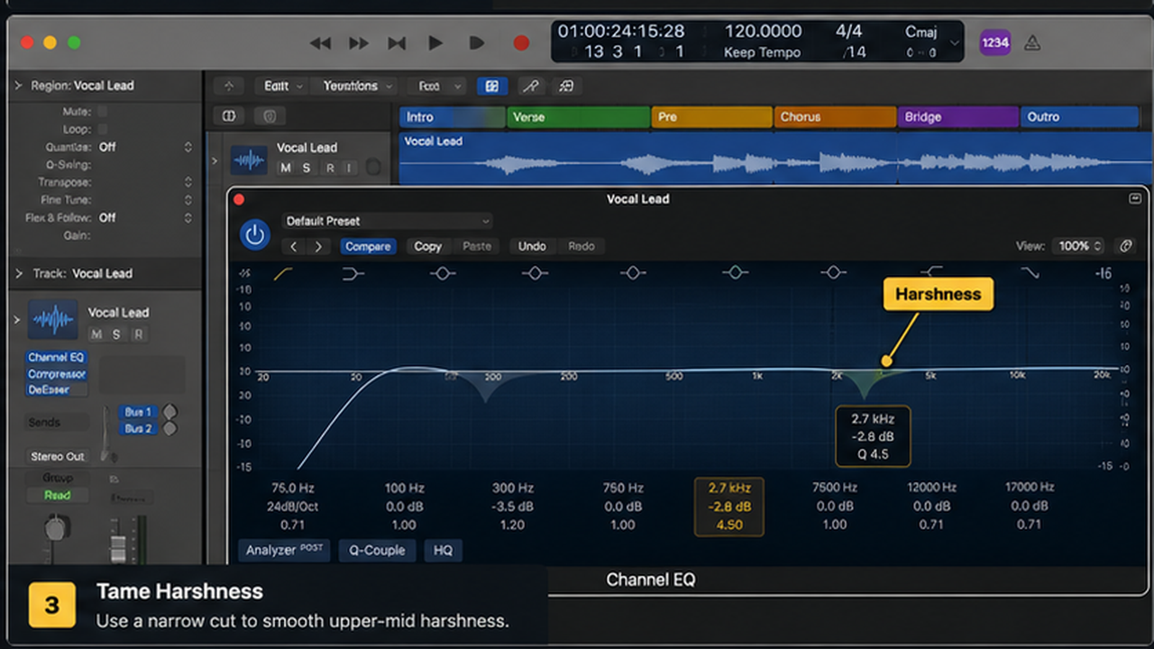Logic Pro Channel EQ for vocals with high-pass, mud cut, harshness, and presence - step 3
