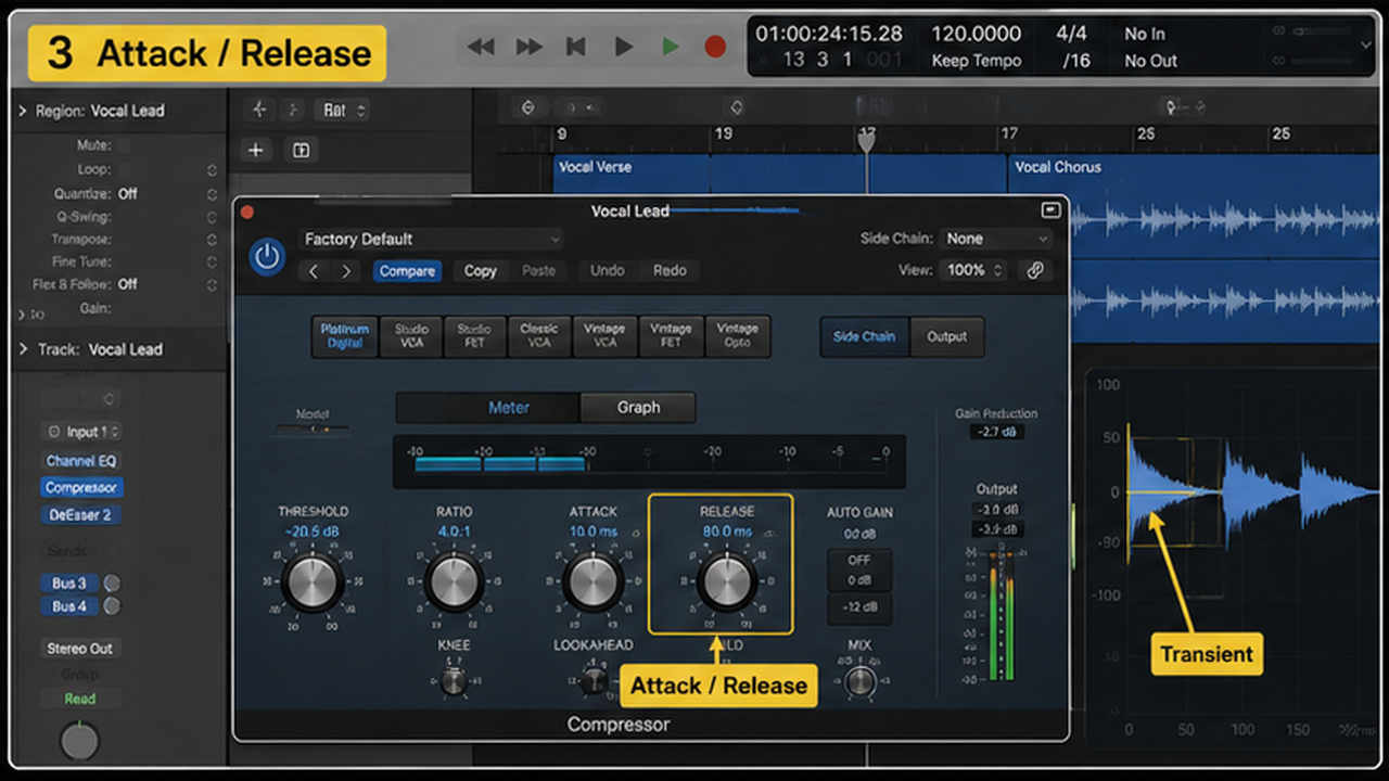 Logic Pro compressor settings with threshold, ratio, attack, release, and level match - step 3