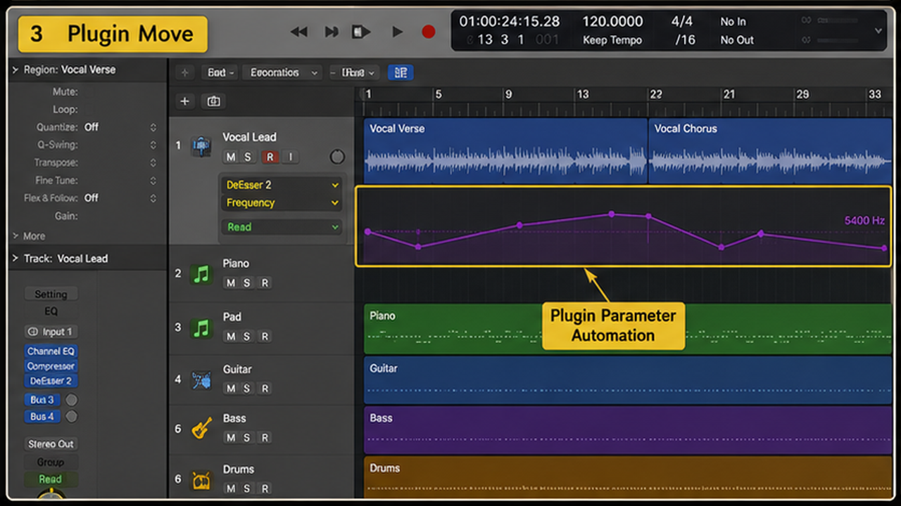 Logic Pro automation with volume rides, plugin moves, and clean automation points - step 3