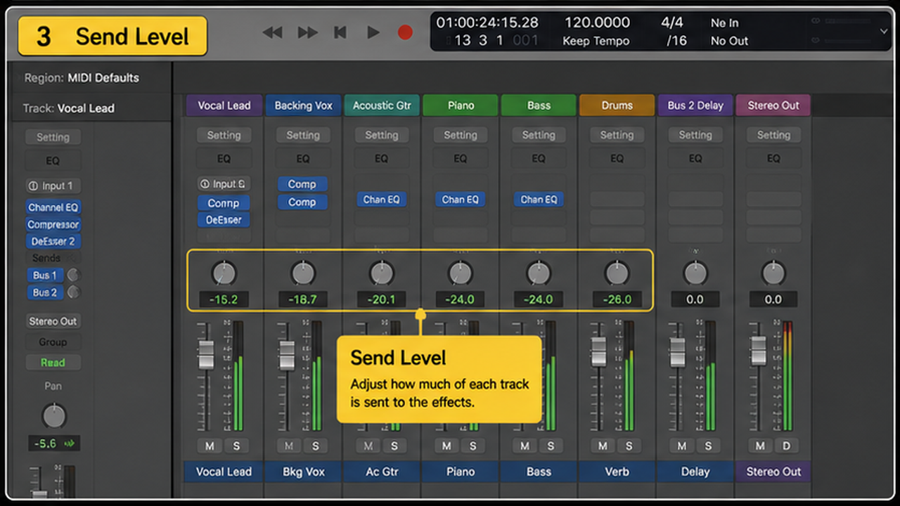 Logic Pro bus sends with reverb, delay, aux returns, and send levels - step 3