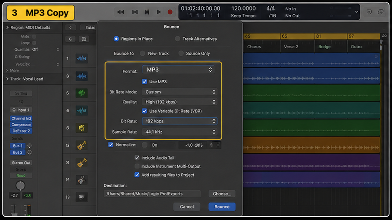 Logic Pro bounce and export workflow with cycle range, WAV, MP3, and stems - step 3