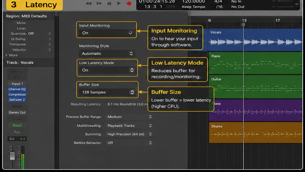 Logic Pro troubleshooting for no sound, latency, output routing, and overloads - step 3