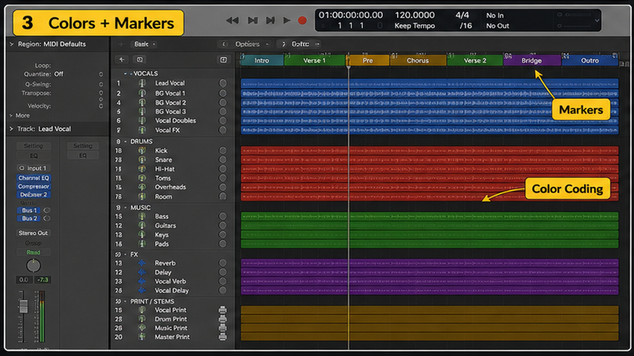 Logic Pro template workflow with starter tracks, routing, colors, markers, and save template - step 3