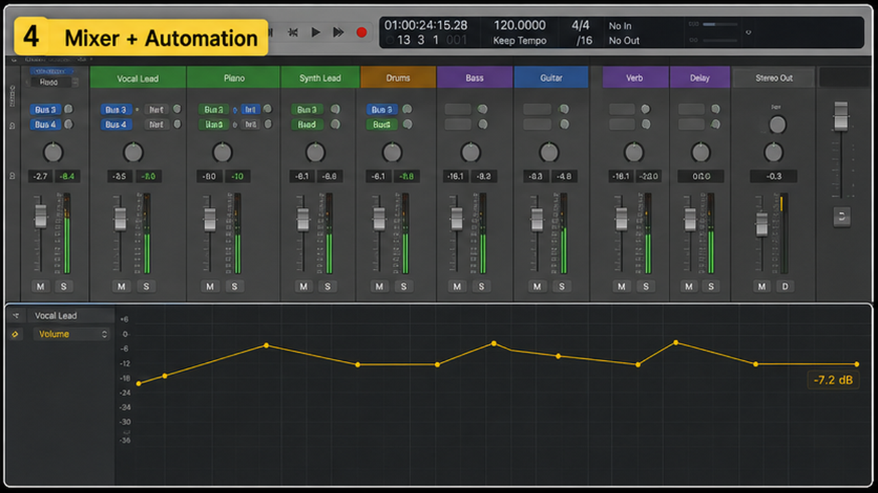 Logic Pro workspace with tracks, regions, inspector, mixer, and automation - step 4