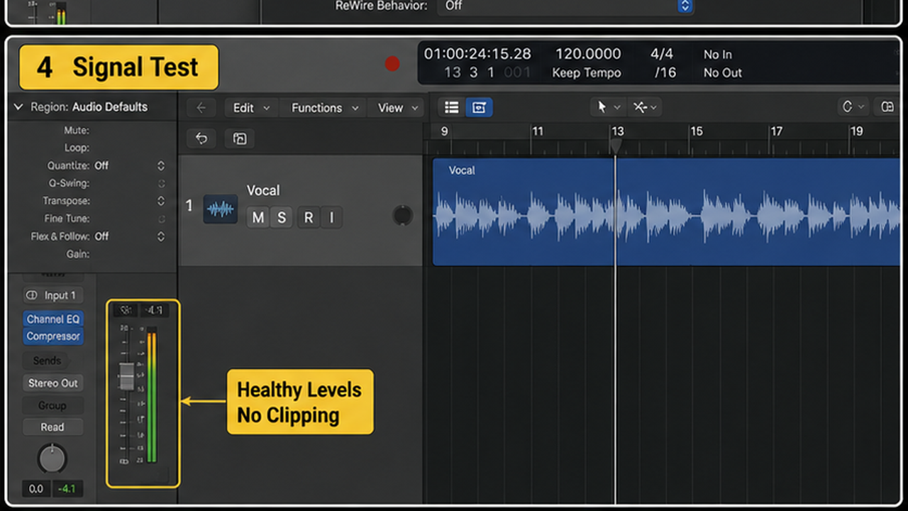 Logic Pro audio interface setup with input, output, buffer, and signal checks - step 4