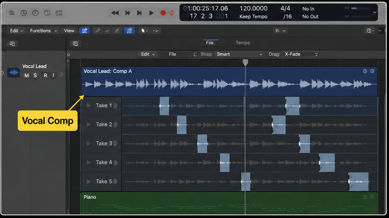 Logic Pro vocal recording with record enable, monitoring, takes, and comping - step 4