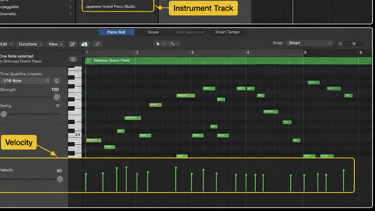 Logic Pro MIDI keyboard workflow with instrument track, Piano Roll, and velocity - step 4