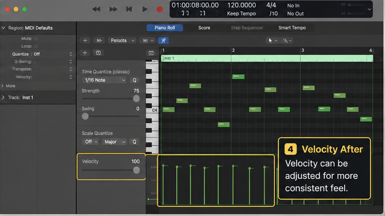 Logic Pro Piano Roll quantize workflow with grid, strength, and velocity - step 4
