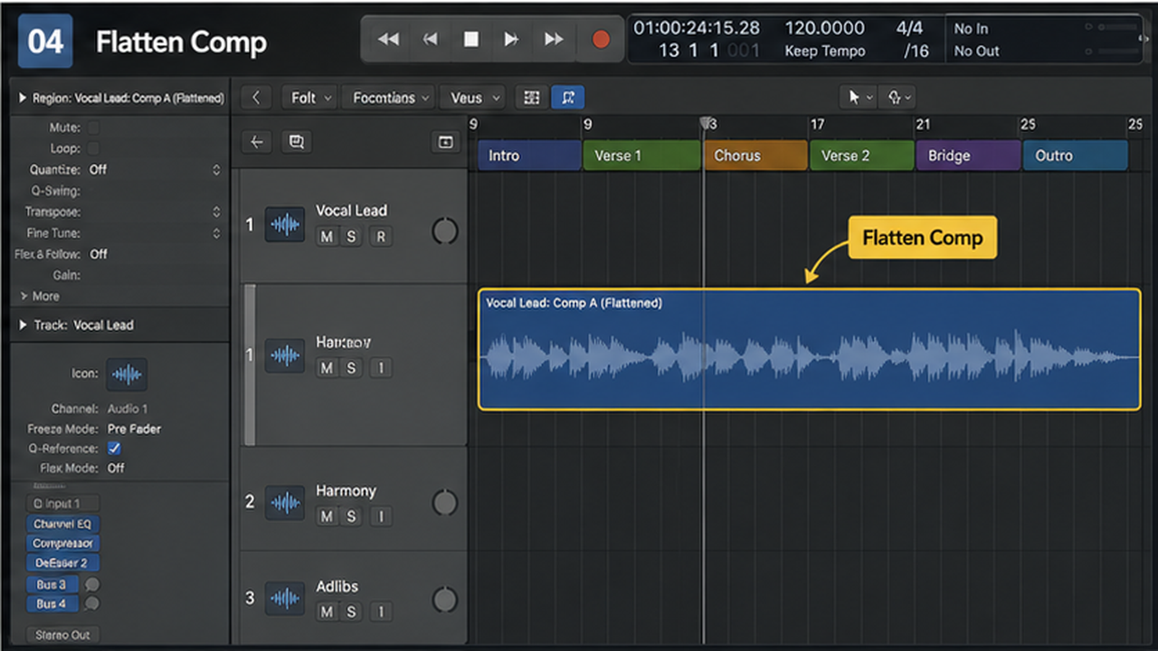 Logic Pro vocal comping with take folders, quick swipe, crossfades, and flattening - step 4