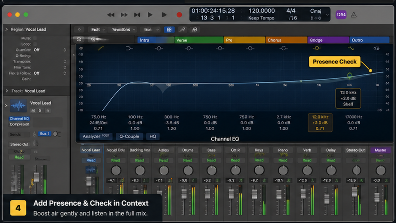 Logic Pro Channel EQ for vocals with high-pass, mud cut, harshness, and presence - step 4