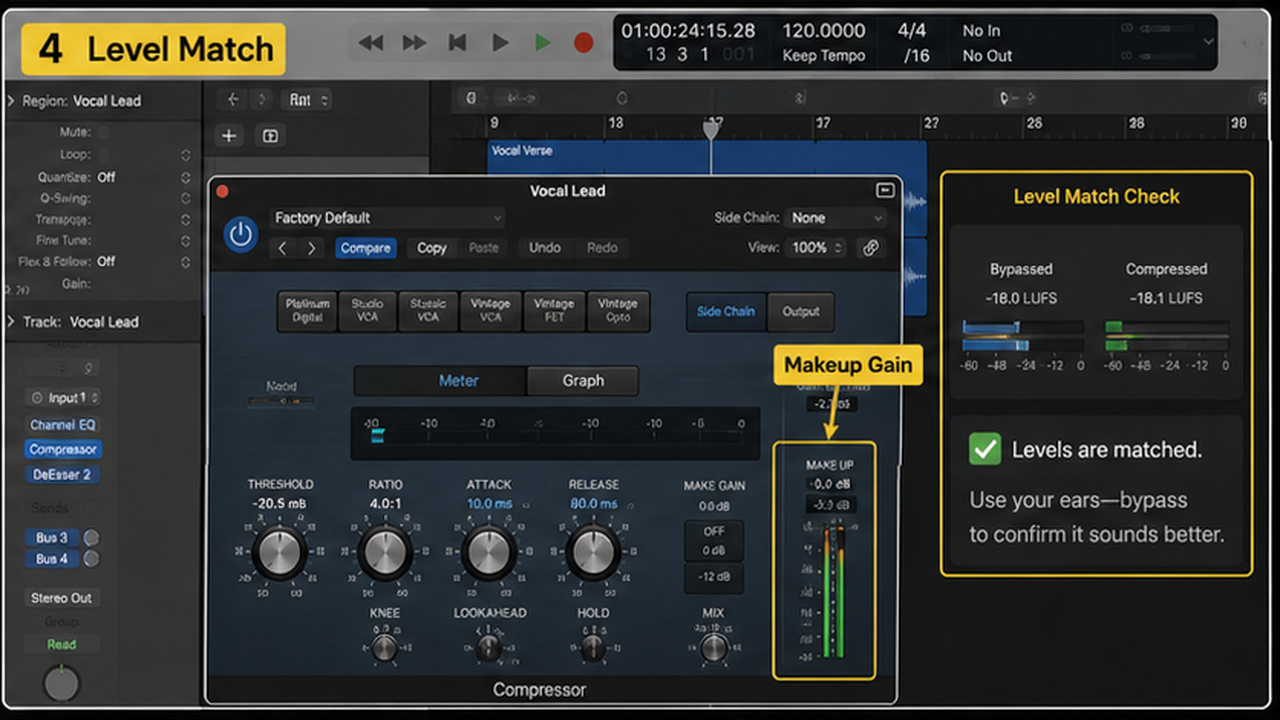 Logic Pro compressor settings with threshold, ratio, attack, release, and level match - step 4