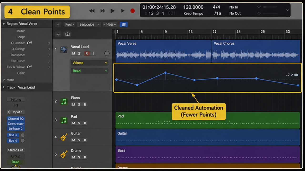 Logic Pro automation with volume rides, plugin moves, and clean automation points - step 4