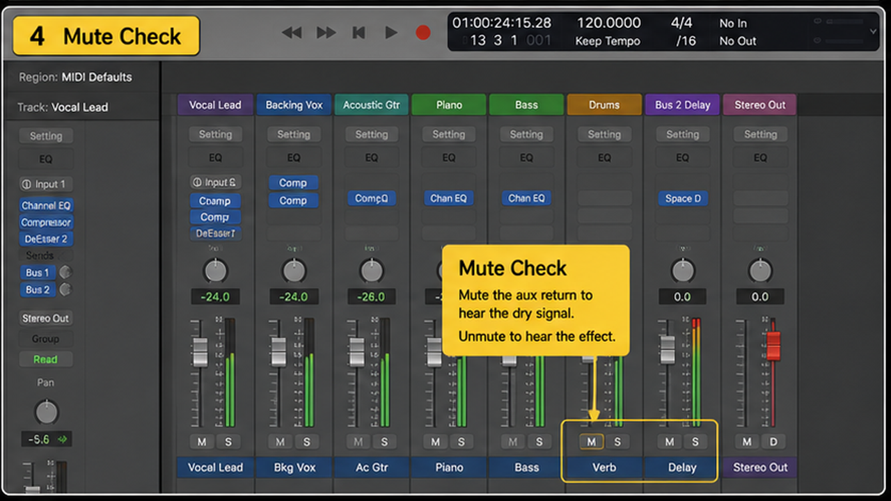 Logic Pro bus sends with reverb, delay, aux returns, and send levels - step 4